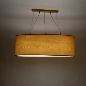AURINKO Cam 90 cm ahşap tavan sarkıtı yanık ve aydınlatılmış görünümü