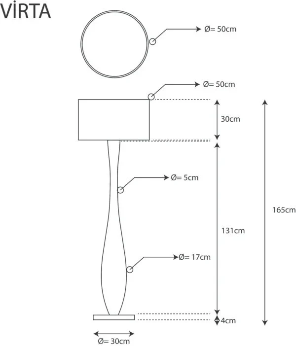 VIRTA Cam 165 cm ahşap lambader teknik ölçü çizimi